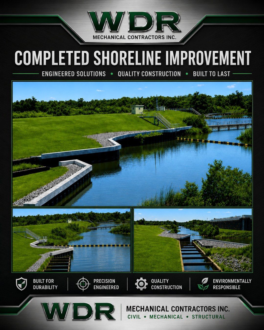 Completed shoreline improvement with engineered concrete and riprap